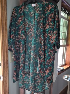 LuLaRoe Sheer Black Kimono with Green and Coral Leaf Pattern